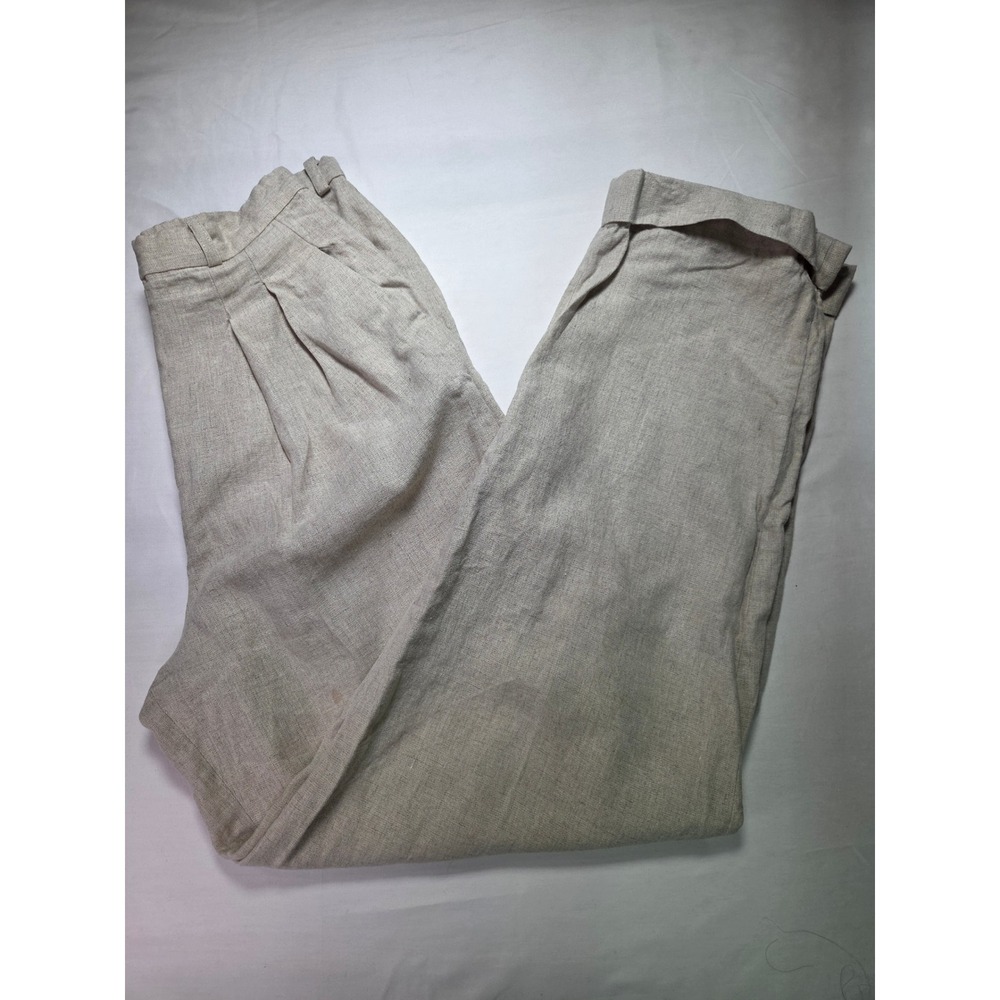 Vintage Express Linen Blend Pleated Trousers Cuffed Beige High Rise Size 7/8